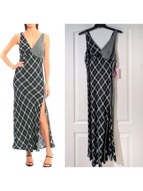 Avec Les Filles | Hannah Mixed Plaid Side-Slit Slip Dress